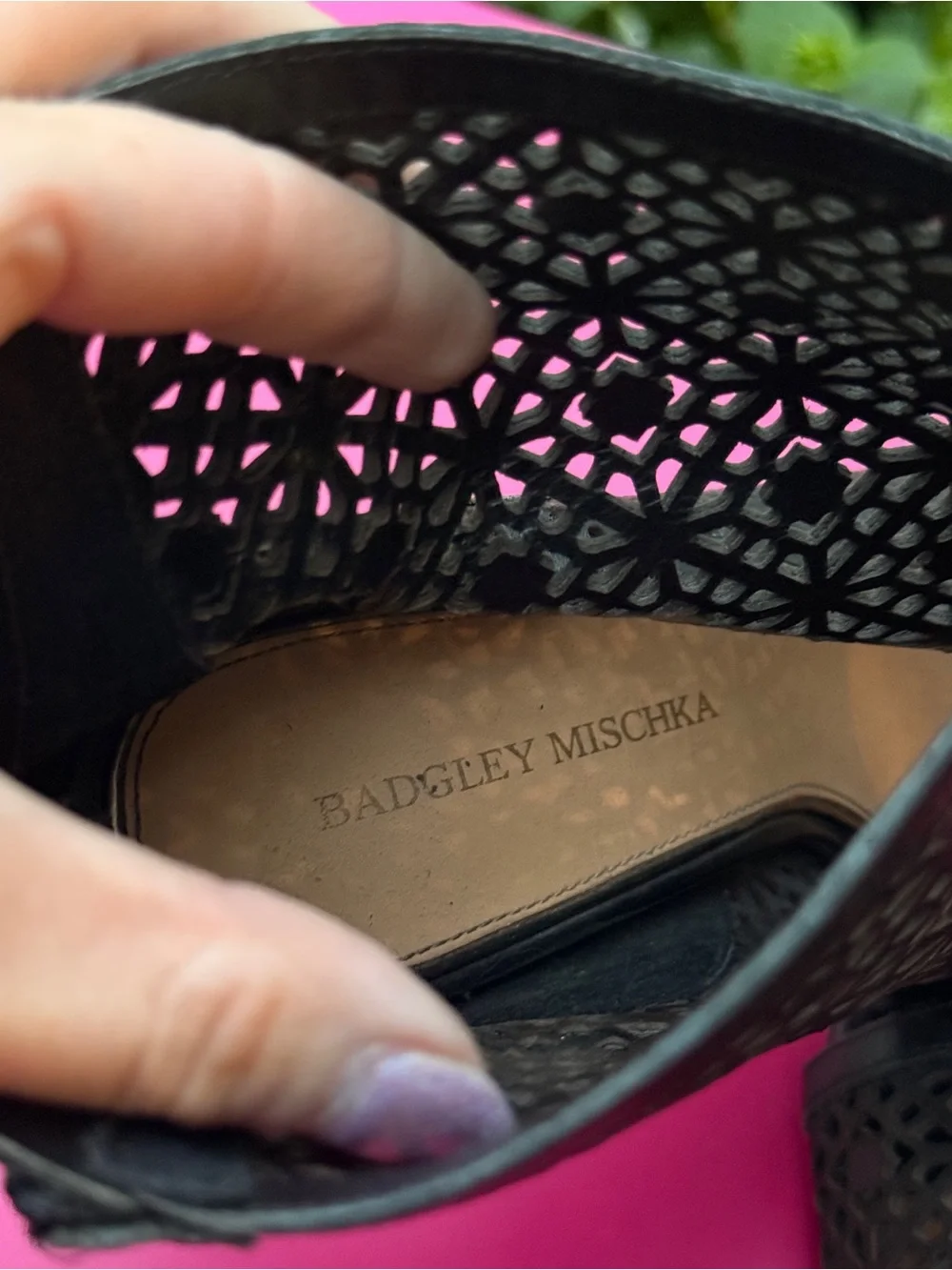 Badgley Mischka July Black Leather Laser Cut Peep Toe Ankle Stiletto Booties 8